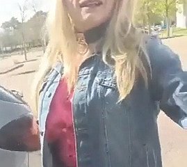 Coward walks connected with a jean miniskirt together with shows her bore together with penis connected with her virginity cage.